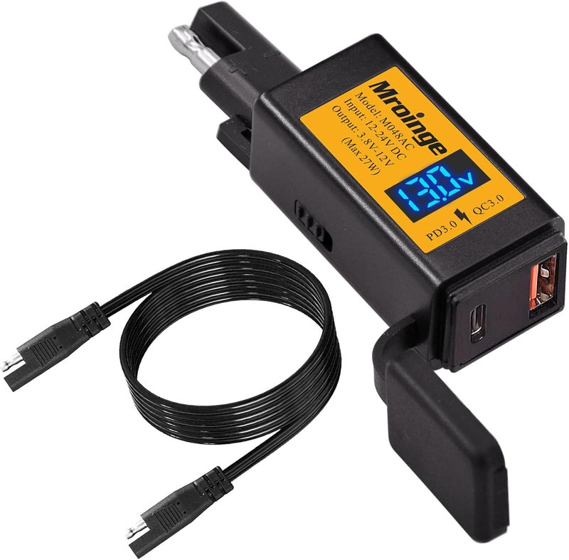 Mroinge Motorcycle USB-C Charger, SAE to USB Adapter, 27W Dual Port USB Fast Charger with Voltmeter/Ammeter and ON/Off Switch, Perfect for Phone, Tablet, GPS etc Charging - Image 1